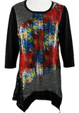 Creation - Lace Mesh, 3/4 Sleeve Scoop Neck Geometric Print Tunic Lace Accents