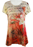 Creation - Floral Pastel, Short Sleeve, Floral Print Rhinestone Tunic Top
