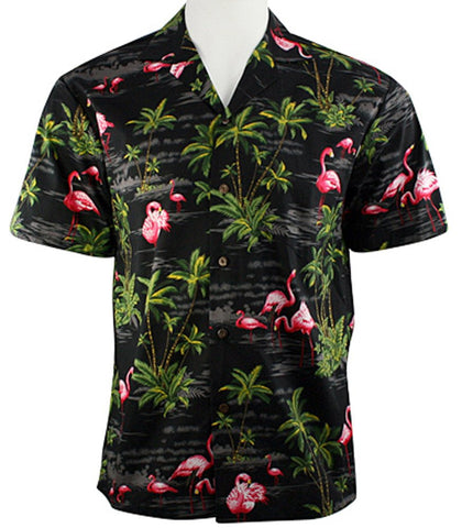 Ky's International Flamingo's Fashion Men's Hawaiian Shirt, Black