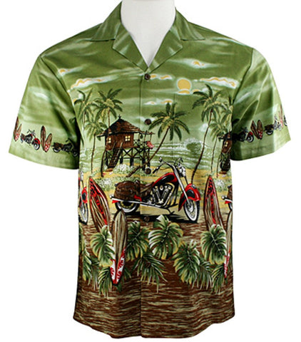 Ky's International Red Motorcycle Fashion Men's Hawaiian Shirt, Green