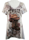 Big Bang Clothing Company Cowgirl, V-Neck Rhinestone Lace Trimmed Back Print Top