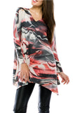 Cubism Apparel - Red Wave, Asymmetric Hem, Long Sleeve Fashion Tunic Top