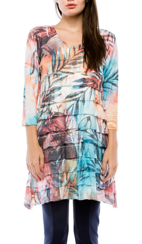 Cubism Apparel -Tropical Threads, V-Neck, 3/4 Sleeve, Ruffled Burnout Tunic