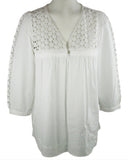 Ravel Fashion Cut-Out Patterned Trimmed Front & Sleeves White Peasant Blouse