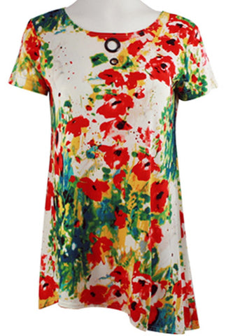 Isabel Clothing - Red Floral, Short Sleeve Asymmetric Hem Geometric Print Tunic