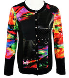 Zoe - Color Patches, Long Trimmed Sleeve Scoop Neck Button Front Womens Cardigan