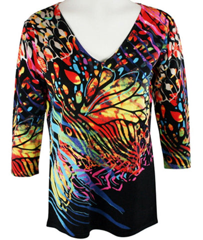 Clotheshead - Wild Thing, 3/4 Sleeve, V-Neck, Colorful Print Women's Fashion Knit Top