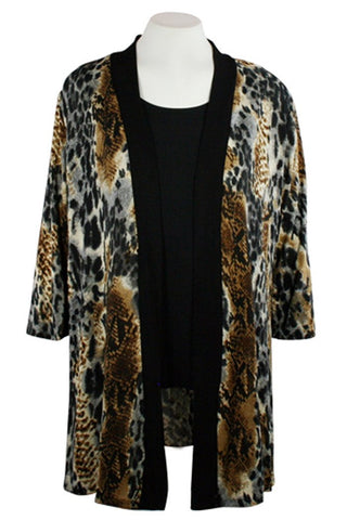 Caribe - Brown Leopard Animal Print, Black Trimmed, Long Sleeve Jacket - Duster