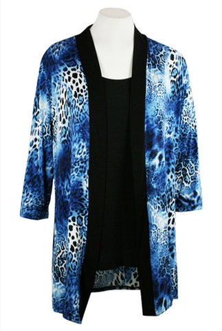 Caribe - Blue Leopard Animal Print, Black Trimmed, Long Sleeve Jacket - Duster