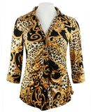 Mesmerize - Leopard Scroll, 3/4 Sleeve, Rhinestone Button Rouching Front Top