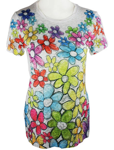 Chi Shee - Hippy Flowers Print Top Sequin Highlights Round Neck Short Sleeve Top