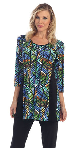Caribe - Colored Angles, Black Side Trim, 3/4 Sleeve, Scoop Neck Long Tunic