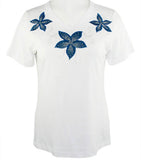 Cactus Fashion - Three Flowers, Short Sleeve, Lace Trim Rhinestone Cotton Top