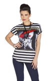 Tricotto - Fashion Model, Short Sleeve Top Black Stripes & Rhinestone Accents