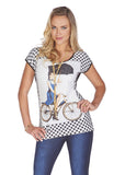 Tricotto - Bicycling in the Rain, Short Sleeve Top Polka Dots & Rhinestone Accents