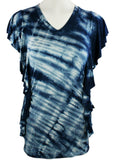 Gypsy Daisy - Blue Tie Dye, Ruffled Short Sleeve V-Neck Young Contemporary Top