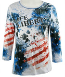 Cactus Fashion - Life Liberty, 3/4 Sleeve, Cotton Print Rhinestone Patriotic Top
