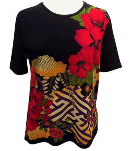 Moonlight - Three Flowers, Floral Print Short Sleeve Scoop Neck Asian Style Top