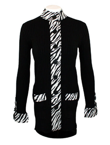 Belldini Ribbed Cardigan Duster with Satin Zebra Print on Button Front, Pocket and Sleeves(Small)