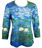 Monet - White Water Lilies Evening Effect, 3/4 Sleeve Hand Silk Screened Illustrated Art Top