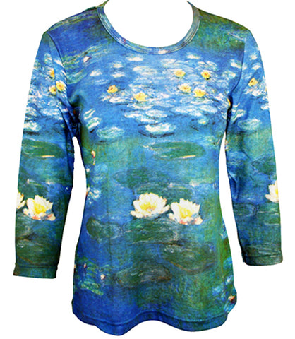 Monet - White Water Lilies Evening Effect, 3/4 Sleeve Hand Silk Screened Illustrated Art Top