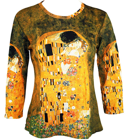 Gustav Klimt Kiss, Scoop Neck 3/4 Sleeve Hand Silk-Screened Novelty Art Top