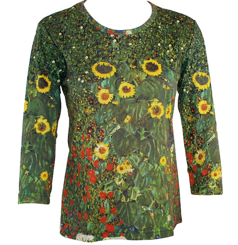 Gustav Klimt  - Farm Garden, 3/4 Sleeve, Scoop Neck, Hand Silk Screened Artistic Top