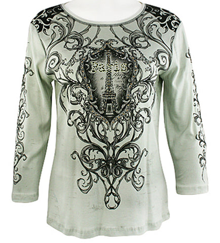Cactus Fashion - Paris & Ornament, 3/4 Sleeve, Cotton Print Rhinestone Top