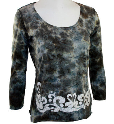 Cut Cute Couture 3/4 Sleeve, Tie-Dyed Black and Blue Print, Top Reverse Seams - Onyx