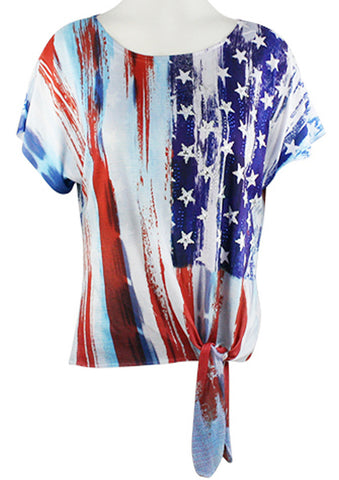 Big Bang Clothing Company - Tie Front Flag, Cap Sleeve Rhinestone Print Top