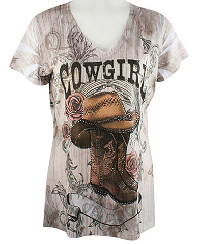 Big Bang Clothing Company Cowgirl Vintage Cap Sleeve V-Neck Rhinestone Print Top