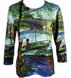 Van Gogh - Boat in Pond, 3/4 Sleeve Scoop Neck Art Themed Fashion Top