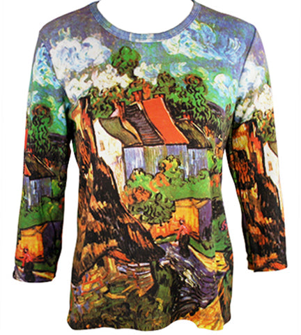 Van Gogh Houses in Auvers, 3/4 Sleeve Scoop Neck Artistic Fashion Top