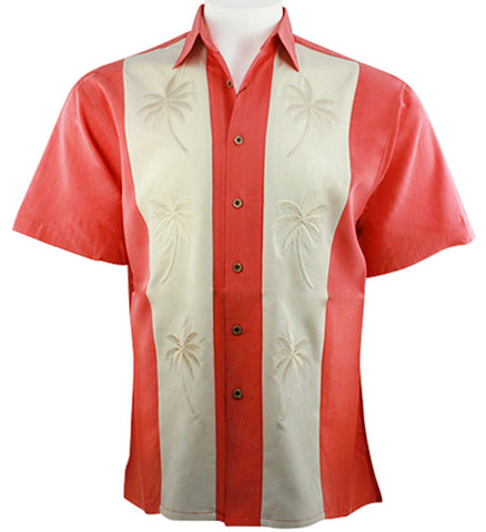 Bamboo Cay Pacific Paneled Palms Salmon Color Tropical Style Embroidered Shirt