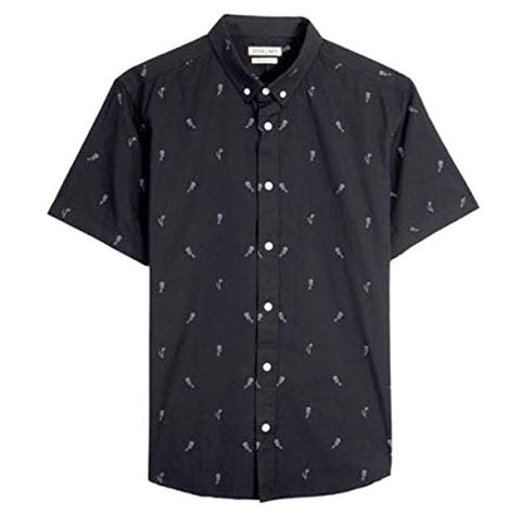 Stitch Note Short Sleeve Guitar and Music Note Pattern Men's Casual Shirt Black