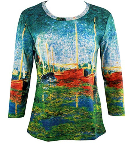 Monet Red Boats in Argenteuil, 3/4 Sleeve Hand Silk-Screened Novelty Art Top
