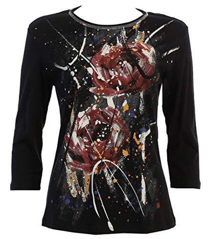 Jess & Jane - Red Roses, 3/4 Sleeve Scoop Neck Printed Fashion Black Cotton Top