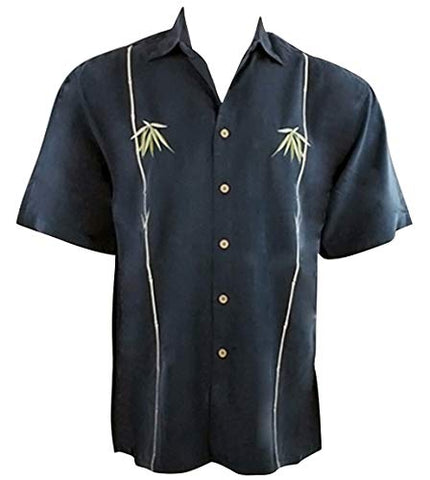 Bamboo Cay Dual Bamboo Tropical Style Navy Blue Background Embroidered Shirt