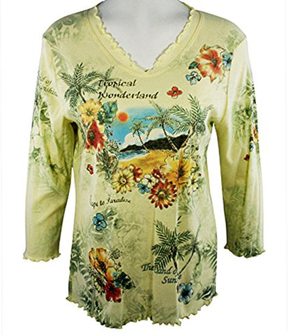Cactus Fashion 3/4 Sleeve Rhinestone Studded Printed Cotton Top - Tropical Wo.