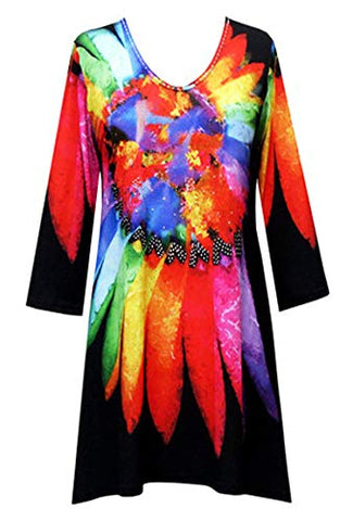 Valentina Signa - Brilliant Feathers, 3/4 Sleeve V-Neck Tunic Rhinestone Highlights