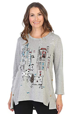 Jess & Jane - City Pups, 3/4 Sleeve, Baby Terry Side Button Accent Women's Tunic