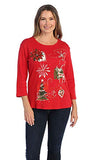 Jess & Jane - Treasures, 3/4 Sleeve Scoop Neck Printed Red Holiday Cotton Top