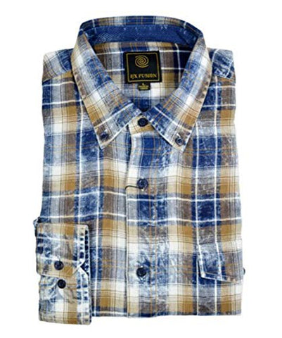 FX Fusion Navy Gold Washed Plaid Long Sleeve Men's Shirt with Button Down Collar