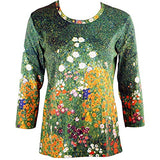 Gustav Klimt - Flower Garden 3/4 Sleeve Scoop Neck Hand Silk Screened Artistic Top