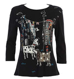 Jess & Jane - City Pups, 3/4 Sleeve Scoop Neck Cotton Print Black Ladies Fashion Top